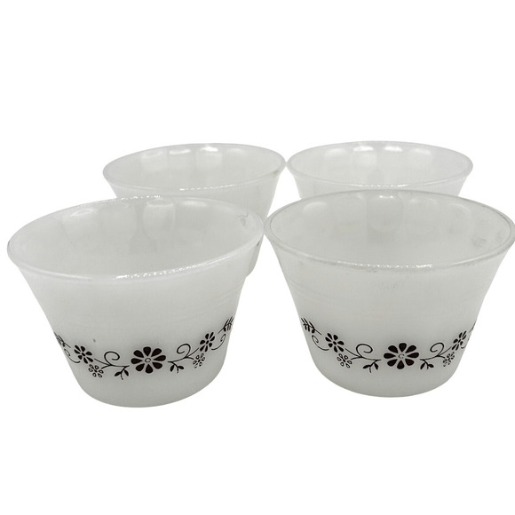 1970s Termocrisa Dynaware White Milk Glass Custard Rameken Cups Brown Daisies 4X - Picture 1 of 7